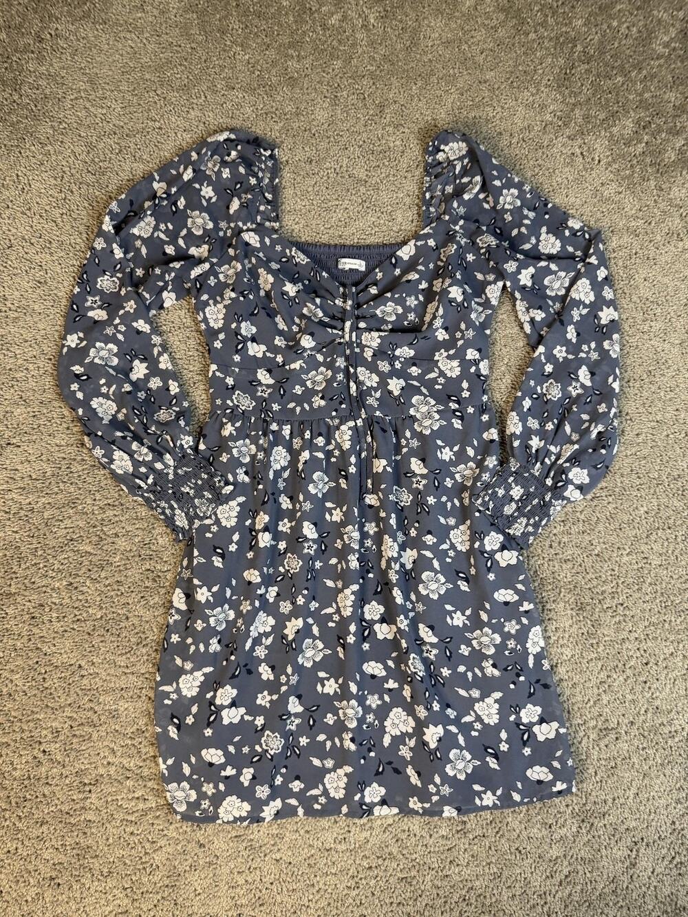 Hollister Dress Womens L Blue Fit & Flare Square Neck Smocked Floral Long Sleeve